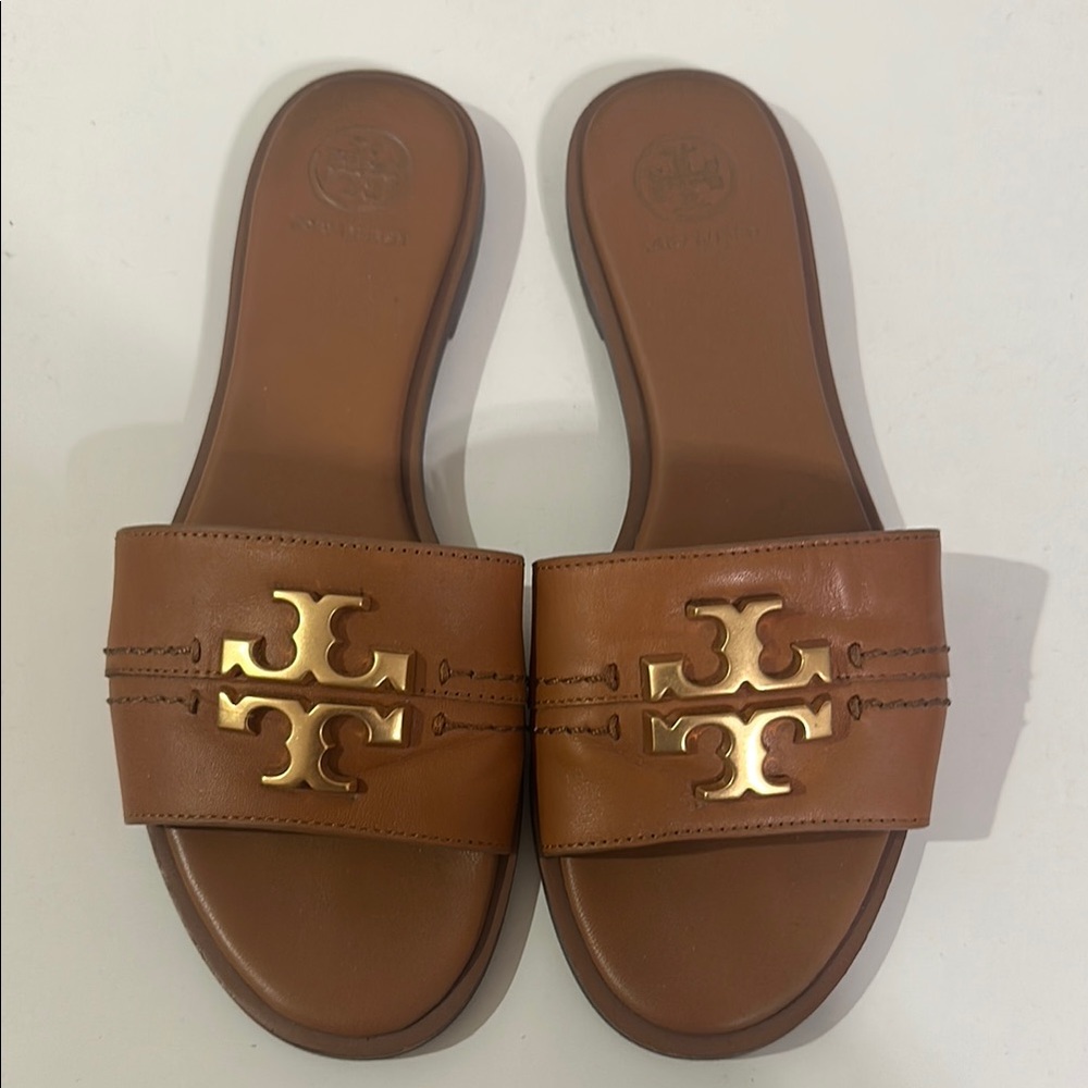 Tory Burch Brown Slide Sandals with Gold Logo